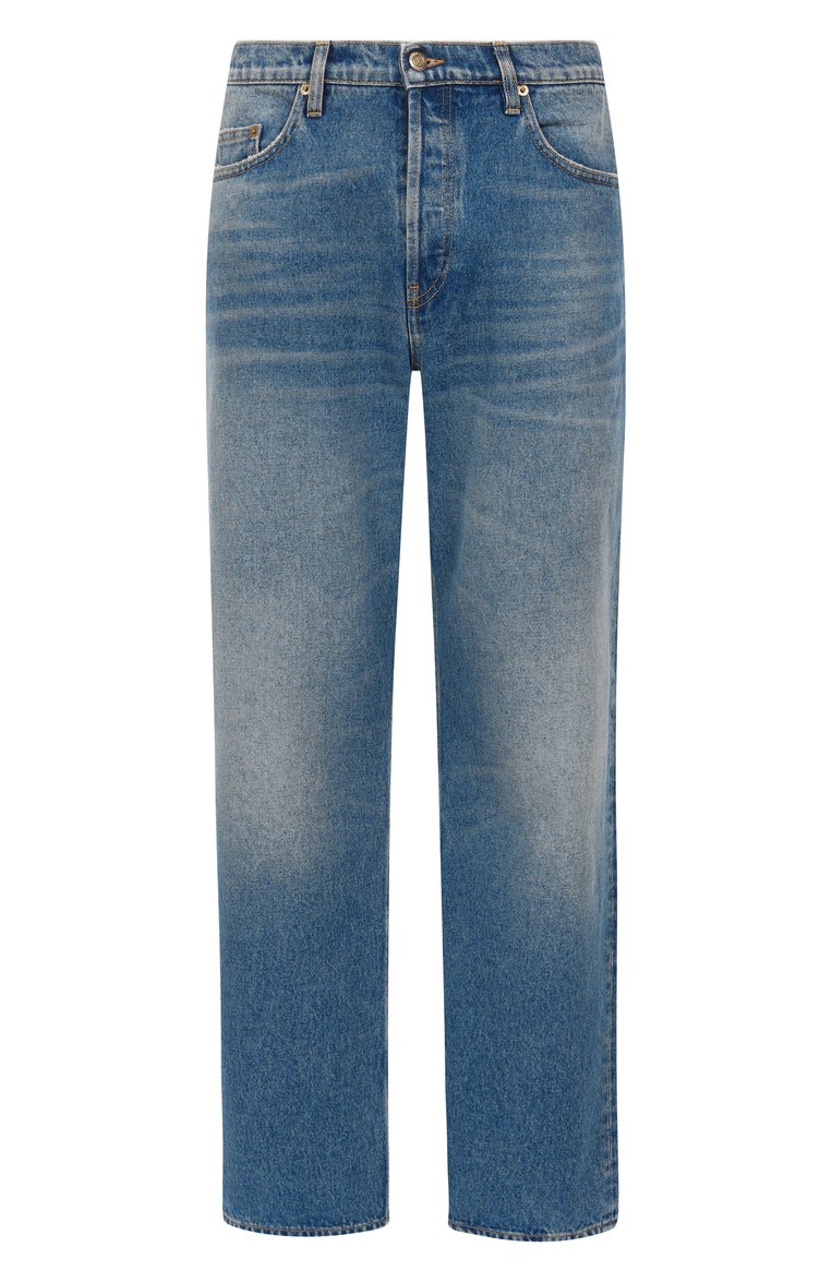 Мужские джинсы GOLDEN GOOSE DELUXE BRAND синего цвета, арт. GMP01636.P000621 | Фото 1 (Материал внешний: Хлопок, Деним; Длина (брюки, джинсы): Стандартные; Кросс-КТ: Деним; Детали: Делаве; Силуэт М (брюки): Широкие; Стили: Повседневный)