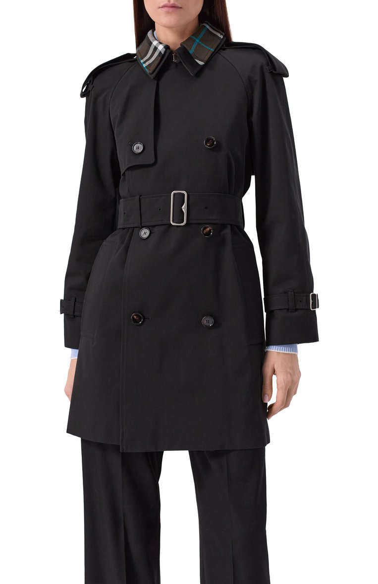 Женский хлопковый тренч BURBERRY черного цвета, арт. 8096563 | Фото 3 (Материал подклада: Хлопок; Рукава: Длинные; Длина (верхняя одежда): До середины бедра; Материал внешний: Хлопок; Стили: Кэжуэл; Кросс-КТ: Куртка)
