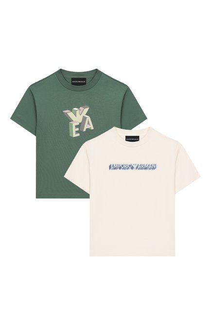 Детская комплект из двух футболок EMPORIO ARMANI разноцветного цвета, арт. EB000318/AF13913 | Фото 1 (Драгоценные камни: Проставлено; Материал сплава: Проставлено; Материал внешний: Хлопок; Рукава: Короткие)