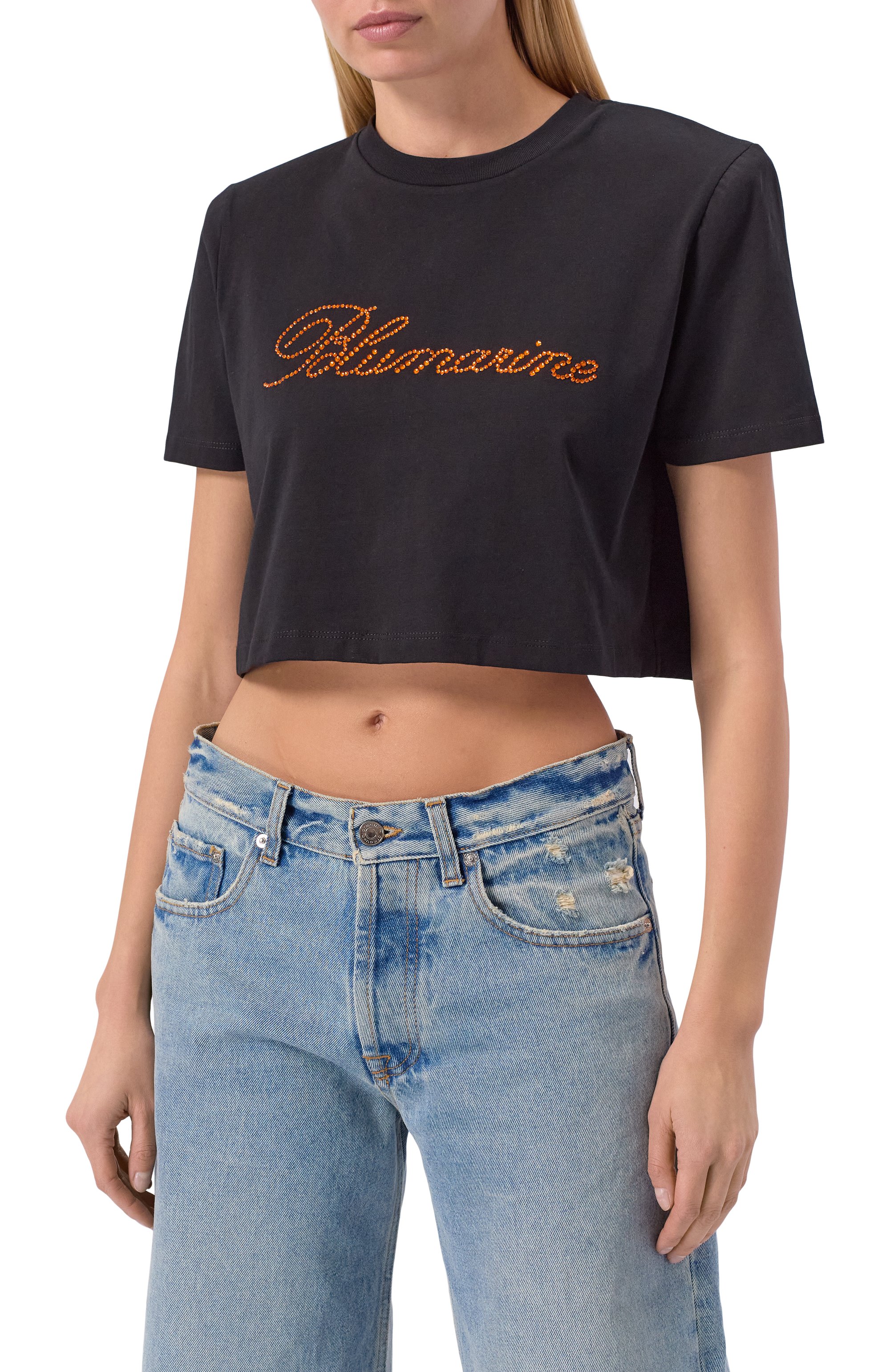 Хлопковая футболка с отделкой стразами BLUMARINE черного цвета по цене 42450 руб., арт. 2T133A, фото 3 Хлопковая футболка с отделкой стразами BLUMARINE, арт. 2T133A, фото 3