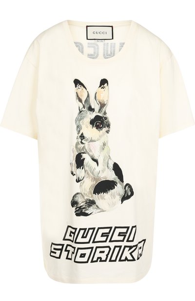 Женская хлопковая футболка с круглым вырезом и принтом GUCCI, арт. 492347/X3M80