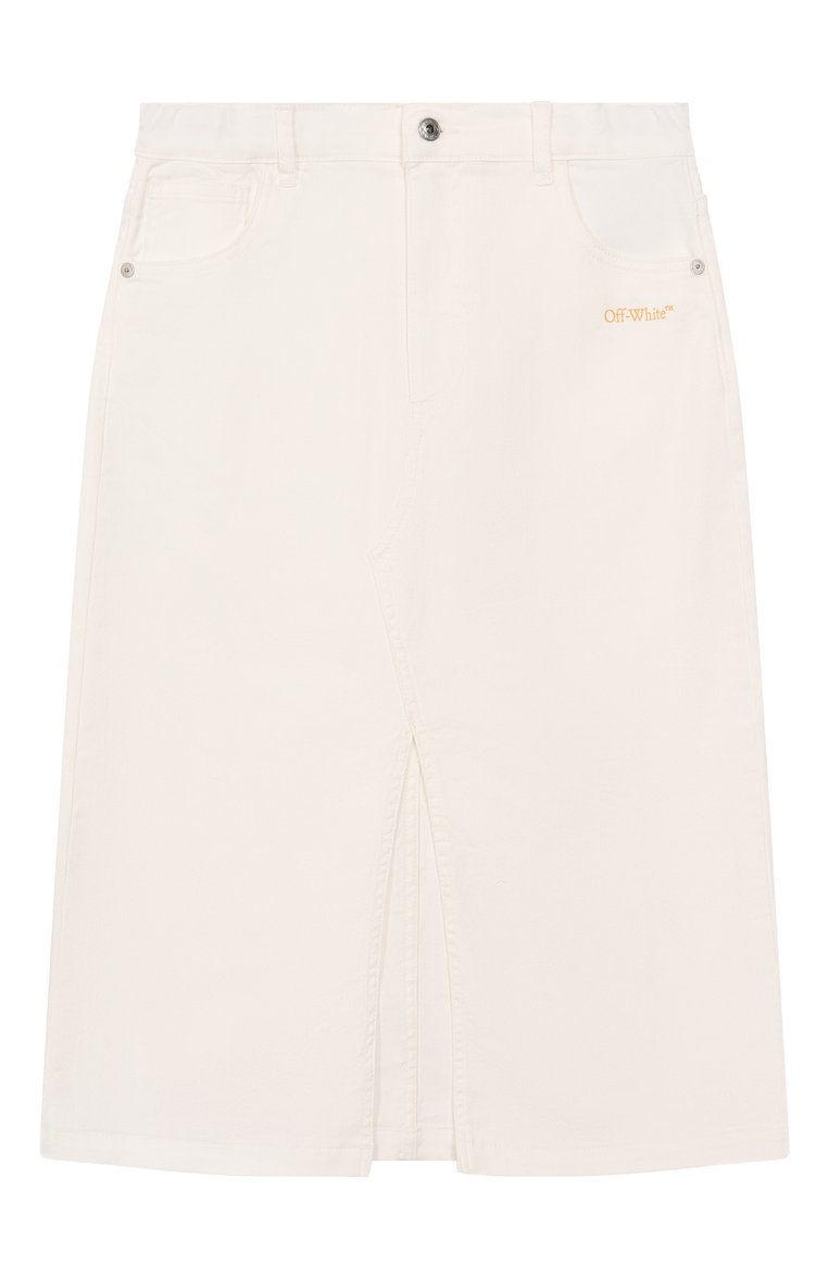Детская джинсовая юбка OFF-WHITE молочного цвета, арт. 0GYD001S25DEN001/12+ | Фото 1 (Материал внешний: Хлопок, Деним; Нос: Не проставлено; Автоматизация состава: Проставлено; Кросс-КТ: Деним; Ростовка одежда: 13 - 15 лет | 158 см)