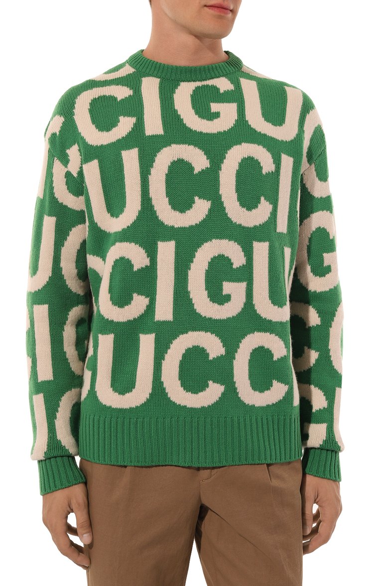Мужской шерстяной свитер GUCCI зеленого цвета, арт. 763672/XKDLV | Фото 3 (Мужское Кросс-КТ: Свитер-одежда; Материал внешний: Шерсть; Длина (для топов): Стандартные; Рукава: Длинные; Стили: Кэжуэл; Принт: С принтом)