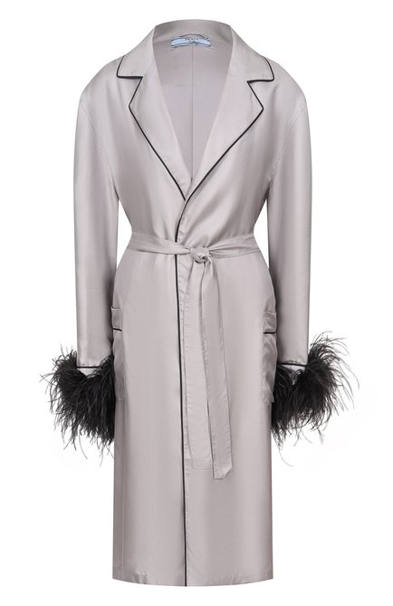 Женский шелковый халат с отделкой перьями страуса PRADA, арт. VT6045-1QJJ-F0Z2I-181