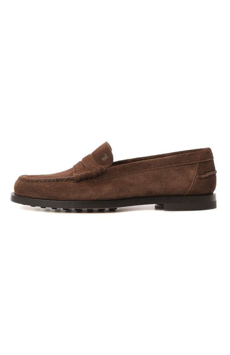 Женские замшевые пенни-лоферы TOD’S темно-коричневого цвета, арт. XXW34L0I011/RE0 | Фото 4 (Материал внешний: Натуральная кожа, Замша; Драгоценные камни: Проставлено; Материал внутренний: Натуральная кожа; Подошва: Плоская; Каблук высота: Низкий; Материал сплава: Проставлено)