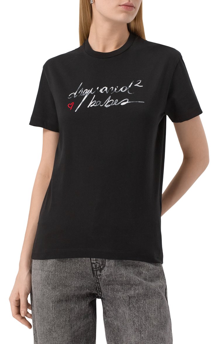 Женская хлопковая футболка DSQUARED2 черного цвета, арт. S72GD0571/D20020 | Фото 3 (Длина (для топов): Стандартные; Материал внешний: Хлопок; Рукава: Короткие; Принт: С принтом; Женское Кросс-КТ: Футболка-одежда; Стили: Кэжуэл; Автоматизация состава: Проставлено; Автоматизация ТО: Проставлено)