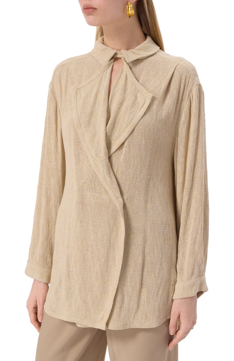 Женская блузка из вискозы и льна GIORGIO ARMANI бежевого цвета, арт. GW000816/TE13970 | Фото 3 (Длина (для топов): Удлиненные; Автоматизация состава: Проставлено; Рукава: Длинные; Материал внешний: Вискоза, Лен; Автоматизация ТО: Проставлено; Женское Кросс-КТ: Блуза-одежда; Детали: Без декора; Принт: Без принта; Стили: Кэжуэл)