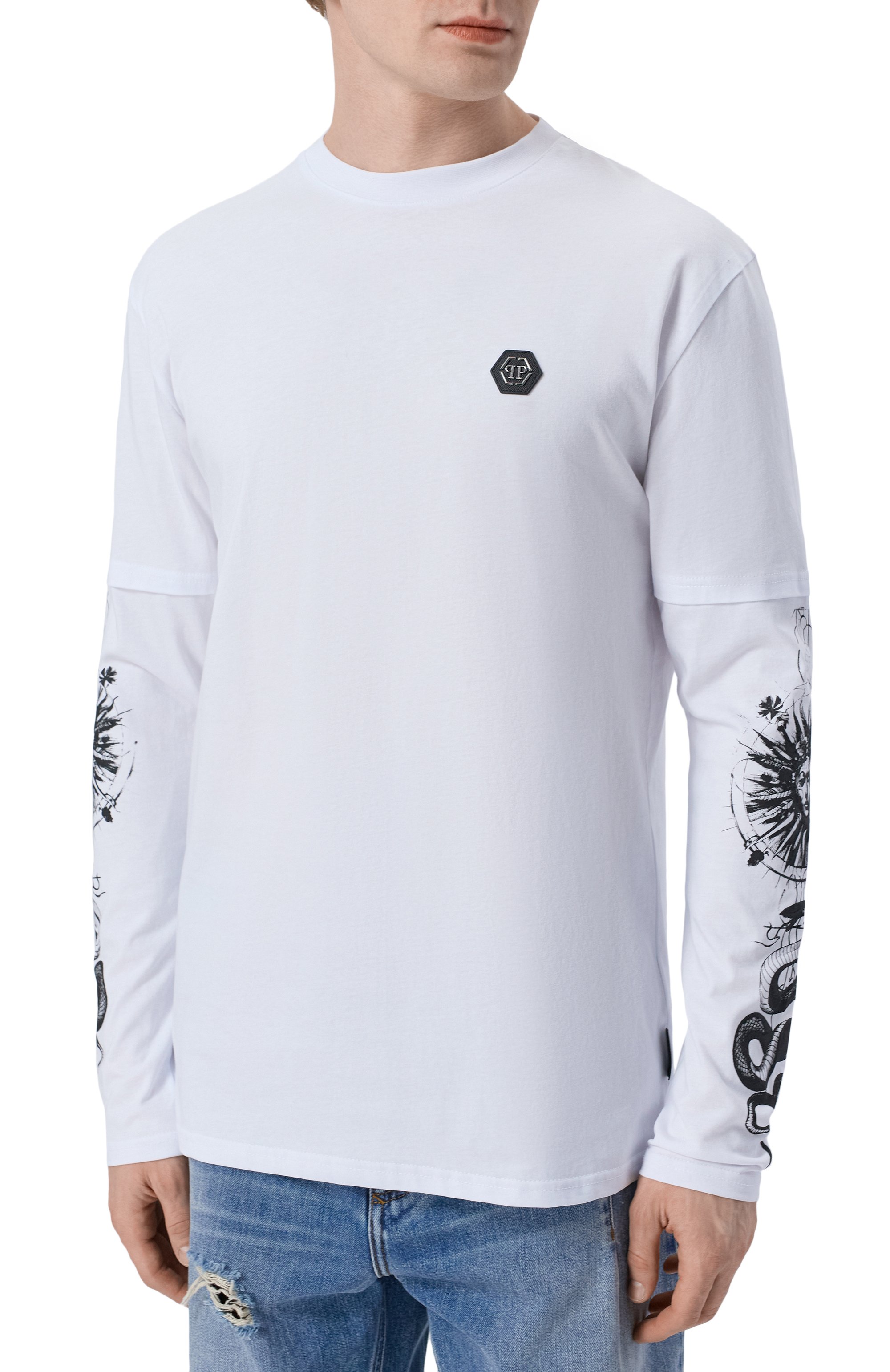 Хлопковый лонгслив PHILIPP PLEIN белого цвета по цене 63300 руб., арт. SAFC MTK8859 PJY002N, фото 3 Хлопковый лонгслив PHILIPP PLEIN, арт. SAFC MTK8859 PJY002N, фото 3