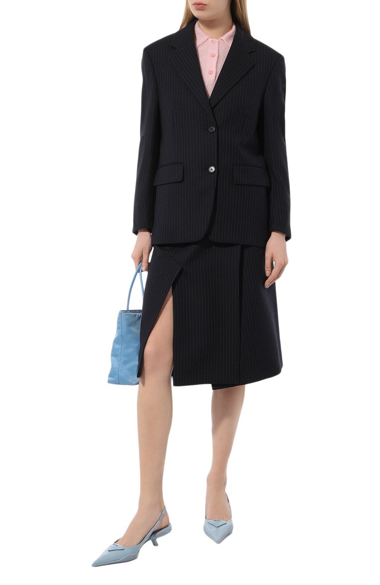 Женский шерстяной жакет PRADA синего цвета, арт. P599L-1ZM6-F0124-212 | Фото 2 (Длина (для топов): Удлиненные; Материал внешний: Шерсть; Рукава: Длинные; Женское Кросс-КТ: Жакет-одежда; 1-2-бортные: Однобортные)