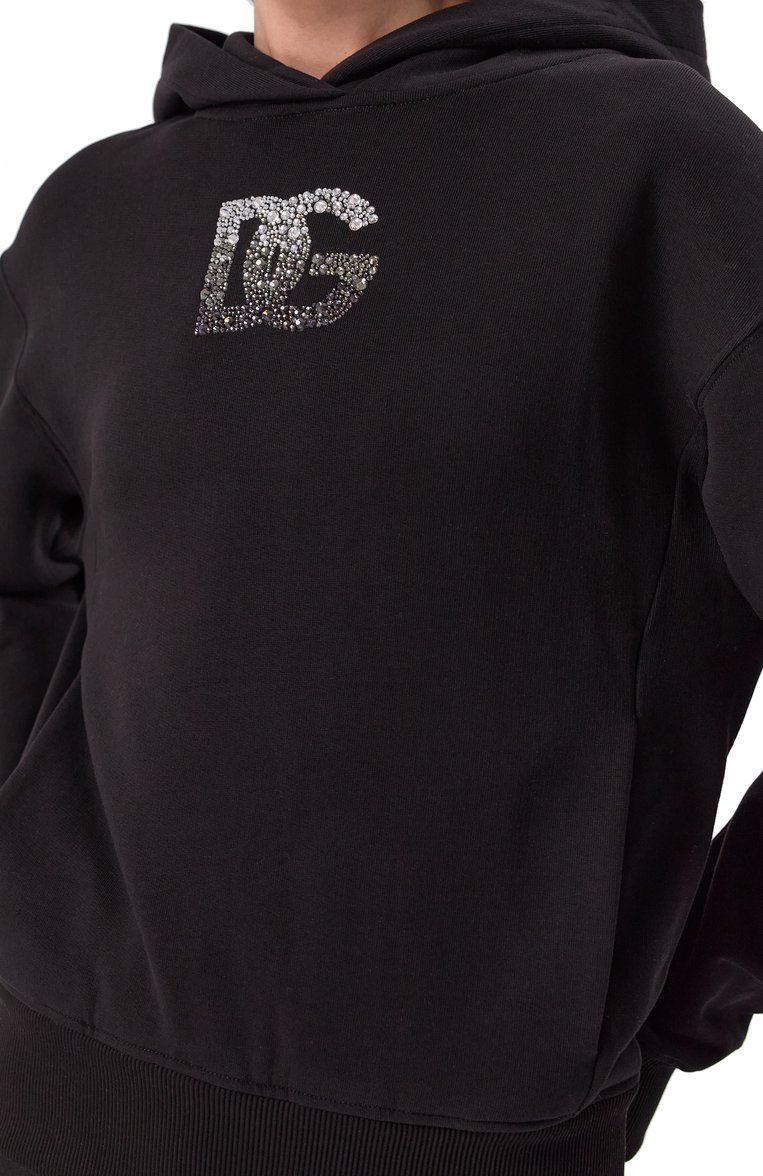 Женский хлопковое худи DOLCE & GABBANA черного цвета, арт. F9S48Z/GDCXW | Фото 5 (Драгоценные камни: Проставлено; Рукава: Длинные; Материал сплава: Проставлено; Длина (для топов): Стандартные; Женское Кросс-КТ: Худи-одежда; Стили: Спорт-шик; Материал внешний: Хлопок)