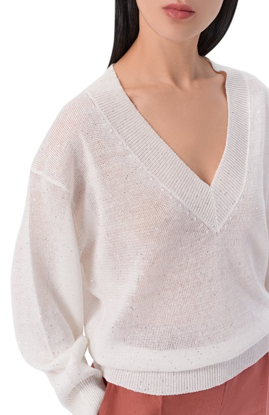 Пуловер изо льна и хлопка Brunello Cucinelli MDT746412 Белый  MDT746412 Фото 5