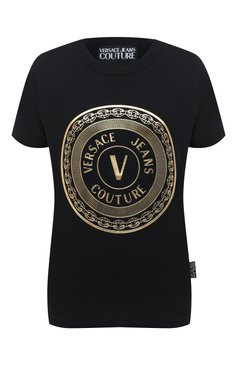 Женская хлопковая футболка VERSACE JEANS COUTURE черного цвета, арт. B2HZA7TK-ZDP613 REG. 48 F0IL/30319 | Фото 1 (Рукава: Короткие; Длина (для топов): Стандартные; Материал внешний: Хлопок; Стили: Гламурный; Женское Кросс-КТ: Футболка-одежда; Принт: С принтом; Драгоценные камни: Проставлено; Материал сплава: Проставлено)