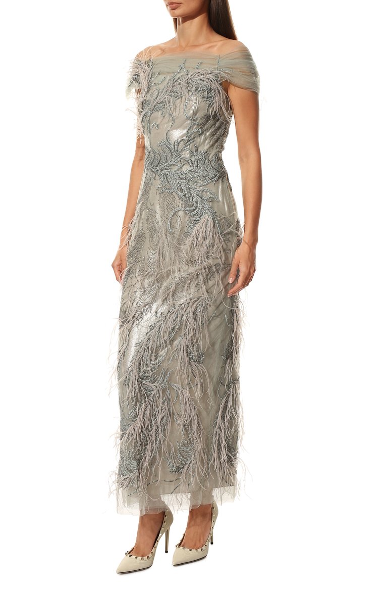 Платье с отделкой бисером и перьями MARCHESA, арт. M24802, фото 1
