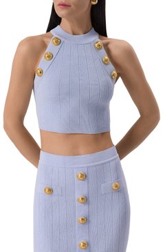 Женский топ из вискозы BALMAIN голубого цвета, арт. EF1AB390/KB07 | Фото 3 (Материал внешний: Вискоза; Длина (для топов): Укороченные; Драгоценные камни: Проставлено; Материал сплава: Проставлено; Стили: Романтичный; Кросс-КТ: костюм; Рукава: Без рукавов)