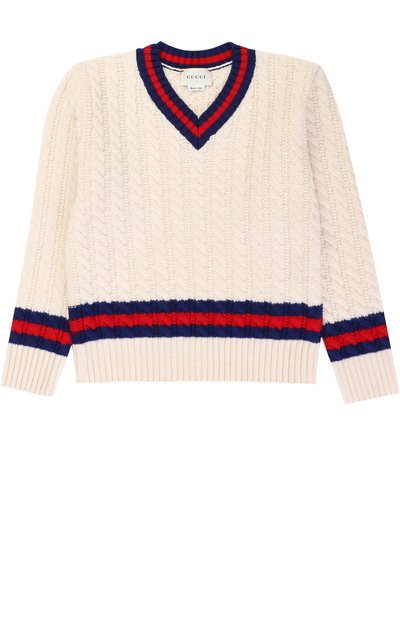 Шерстяной пуловер фактурной вязки с контрастной отделкой GUCCI белого цвета по цене 33650 руб., арт. 475588/X1495, фото 1 Шерстяной пуловер фактурной вязки с контрастной отделкой GUCCI, арт. 475588/X1495, фото 1