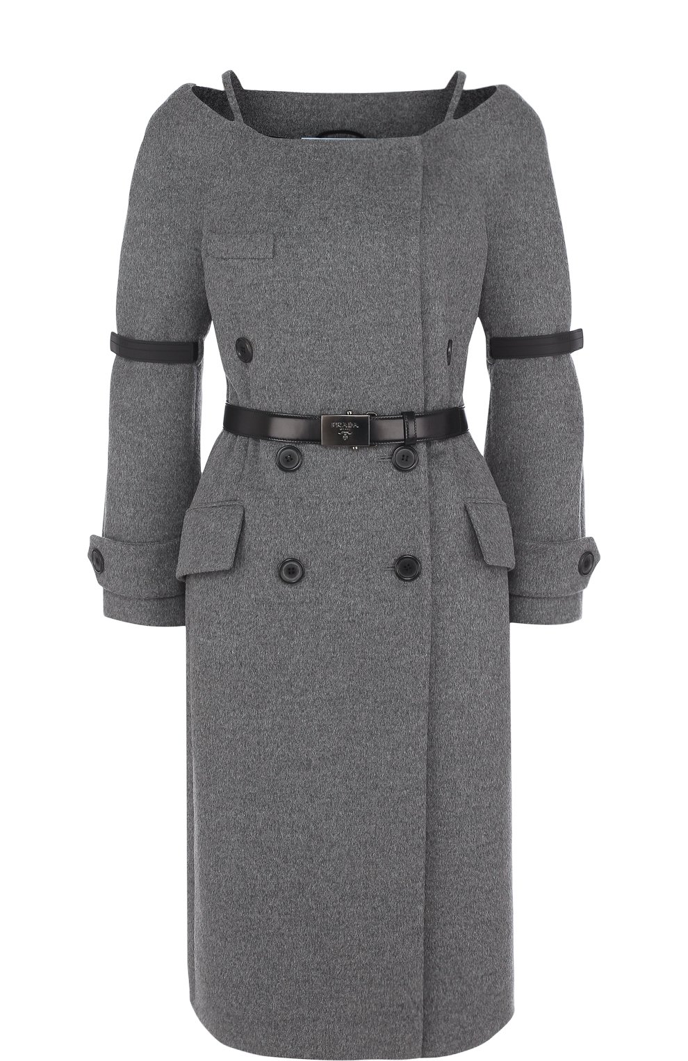 Двубортное шерстяное пальто с поясом и вырезом-лодочка PRADA, арт. P622HK-1QLO-F0H16, фото 1