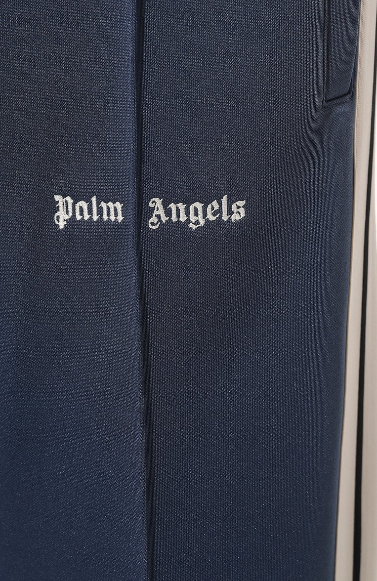 Женские брюки PALM ANGELS синего цвета, арт. PWCJ028F24FAB001 | Фото 5 (Длина (брюки, джинсы): Укороченные; Материал внешний: Синтетический материал; Материал сплава: Проставлено; Драгоценные камни: Проставлено; Стили: Спорт-шик; Женское Кросс-КТ: Брюки-одежда; Силуэт Ж (брюки и джинсы): Широкие)