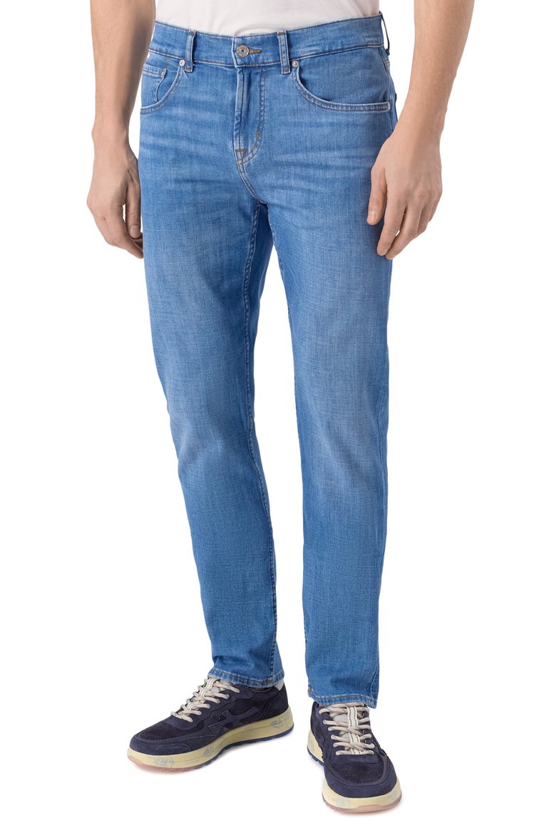 Мужские джинсы straight 7 FOR ALL MANKIND синего цвета, арт. 7T121R51 | Фото 3 (Длина (брюки, джинсы): Стандартные; Материал внешний: Хлопок, Деним; Детали: Делаве; Силуэт М (брюки): Прямые; Кросс-КТ: Деним; Стили: Повседневный; Автоматизация состава: Проставлено; Автоматизация ТО: Проставлено)