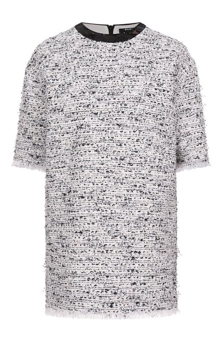 Женский твидовый топ BALMAIN белого цвета, арт. EF1EG117/CF78 | Фото 1 (Драгоценные камни: Проставлено; Рукава: 3/4; Материал внешний: Хлопок; Материал сплава: Проставлено; Длина (для топов): Удлиненные)