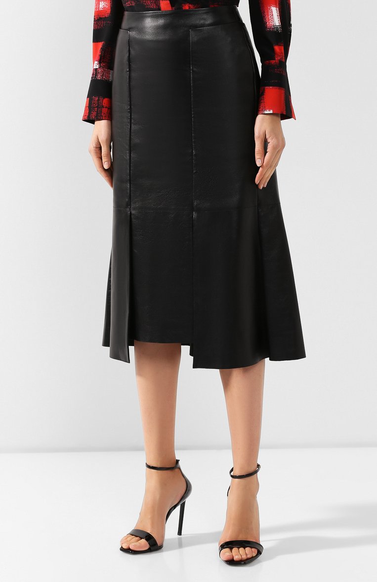 Женская кожаная юбка ALEXANDER MCQUEEN черного цвета, арт. 585016/Q5AA1 | Фото 3 (Материал подклада: Шелк; Длина Ж (юбки, платья, шорты): Миди; Статус проверки: Проверено, Проверена категория; Материал внешний: Натуральная кожа; Женское Кросс-КТ: Юбка-одежда)