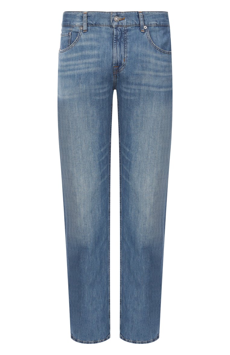 Мужские джинсы straight 7 FOR ALL MANKIND синего цвета, арт. 7T121U03 | Фото 1 (Материал внешний: Хлопок, Лен, Деним; Длина (брюки, джинсы): Стандартные; Детали: Делаве; Стили: Повседневный; Кросс-КТ: Деним; Силуэт М (брюки): Прямые; Автоматизация состава: Проставлено; Автоматизация ТО: Проставлено)