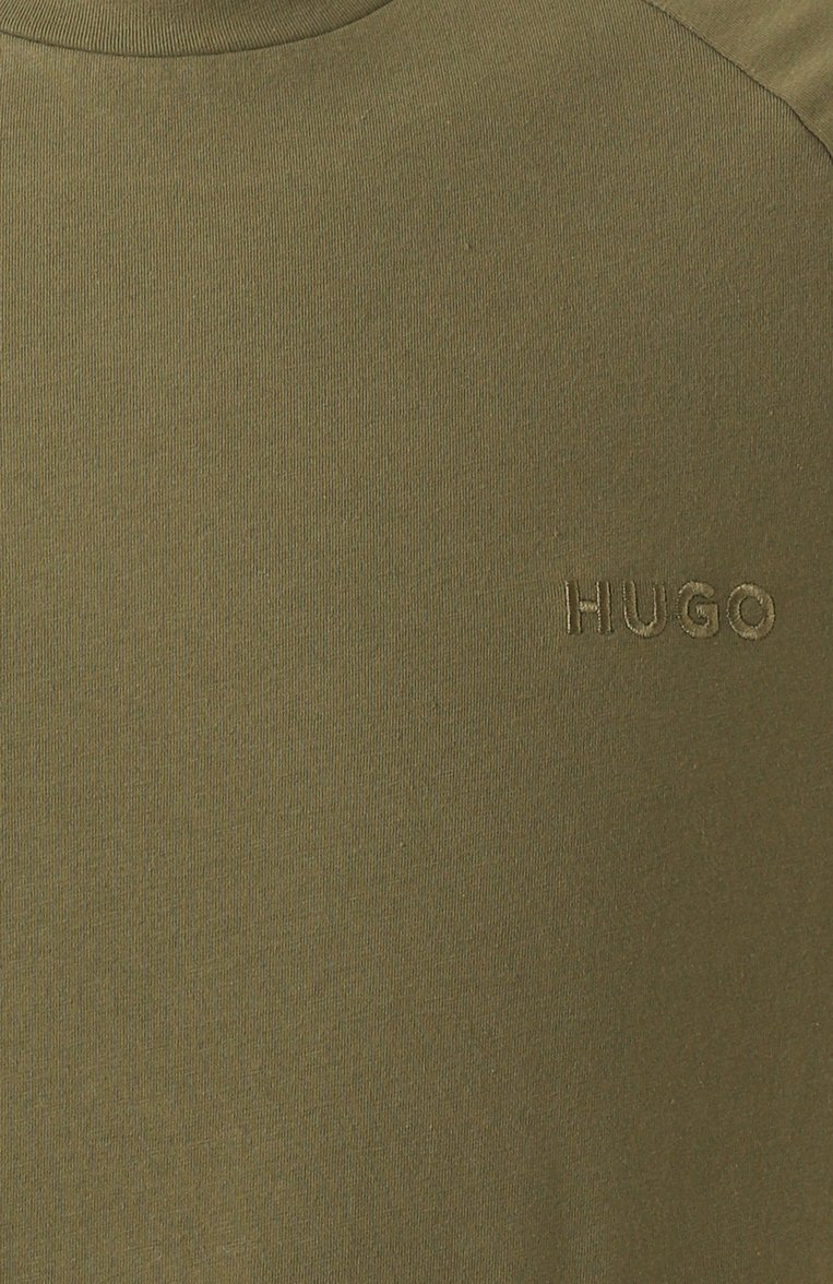 Мужская хлопковая футболка HUGO хаки цвета, арт. 50520480 | Фото 6 (Материал внешний: Хлопок; Длина (для топов): Стандартные; Материал сплава: Проставлено; Драгоценные камни: Проставлено; Рукава: Короткие; Принт: Без принта; Стили: Милитари; Кросс-КТ: Джерси; Мужское Кросс-КТ: Футболка-одежда)