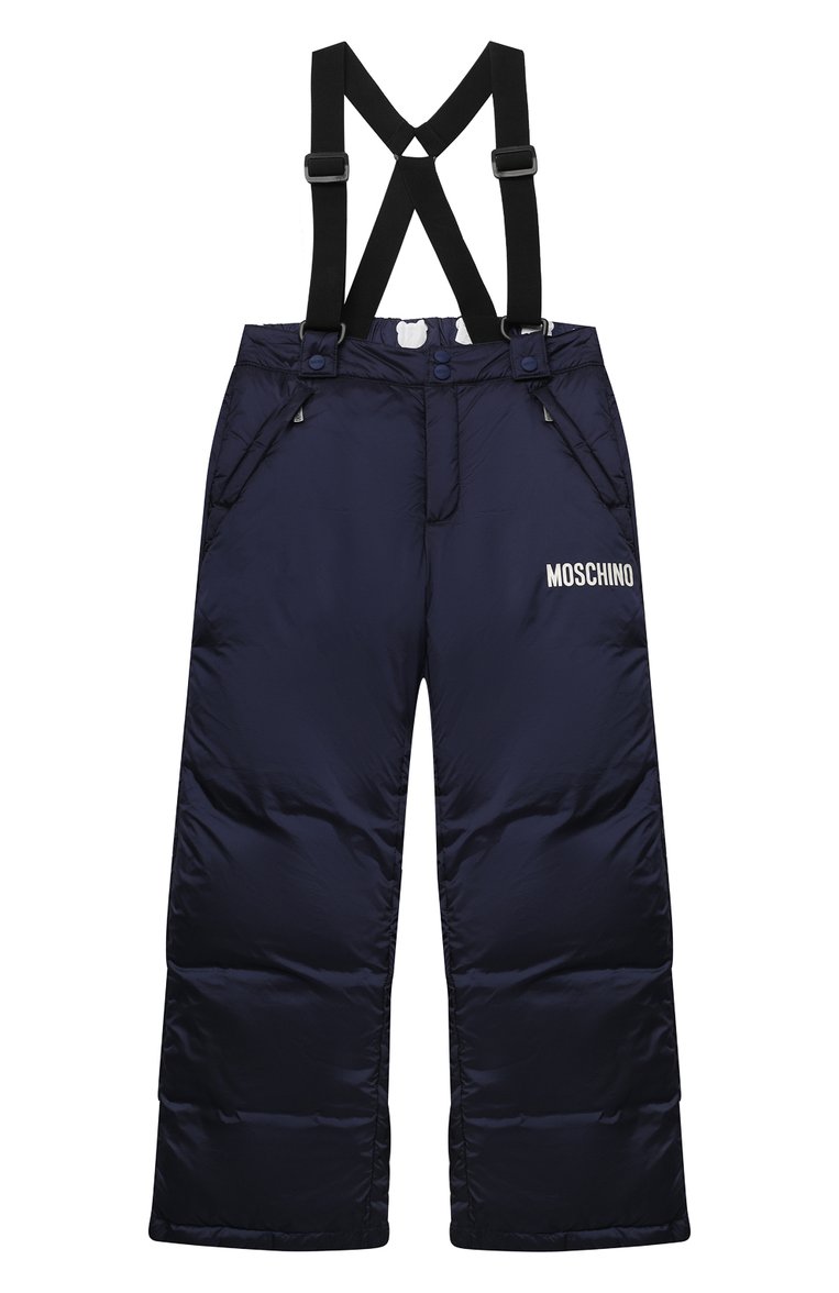 Детские �утепленные брюки MOSCHINO синего цвета, арт. HUP04B/L3A22/4A-8A | Фото 1 (Материал внешний: Синтетический материал; Материал подклада: Синтетический материал; Девочки Кросс-КТ: Брюки-одежда; Материал утеплителя: Пух и перо; Кросс-КТ: Утепленные; Нос: Не проставлено; Ростовка одежда: 4 года | 104 см, 5 лет | 110 см, 6 лет | 116 см, 8 лет | 128 см)