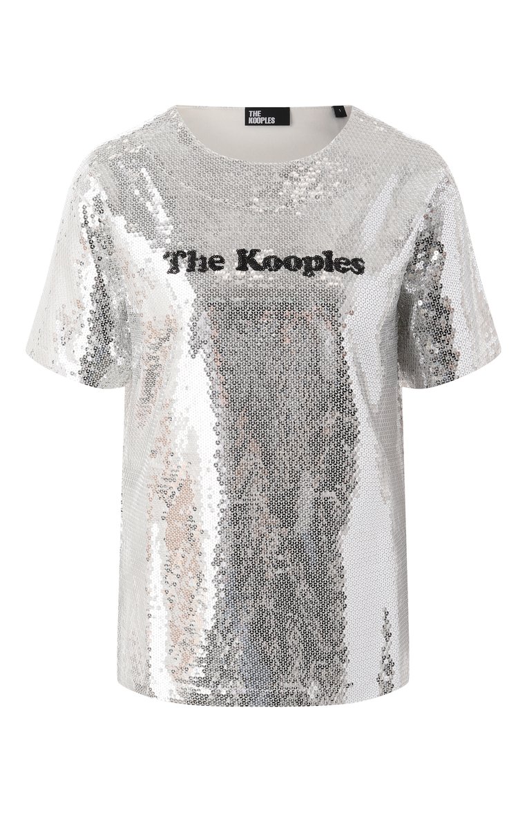 Женская футболка с отделкой пайетками THE KOOPLES серебряного цвета, арт. FTSC29036K | Фото 1 (Рукава: Короткие; Материал сплава: Проставлено; Длина (для топов): Стандартные; Драгоценные камни: Проставлено; Стили: Гламурный; Принт: С принтом)