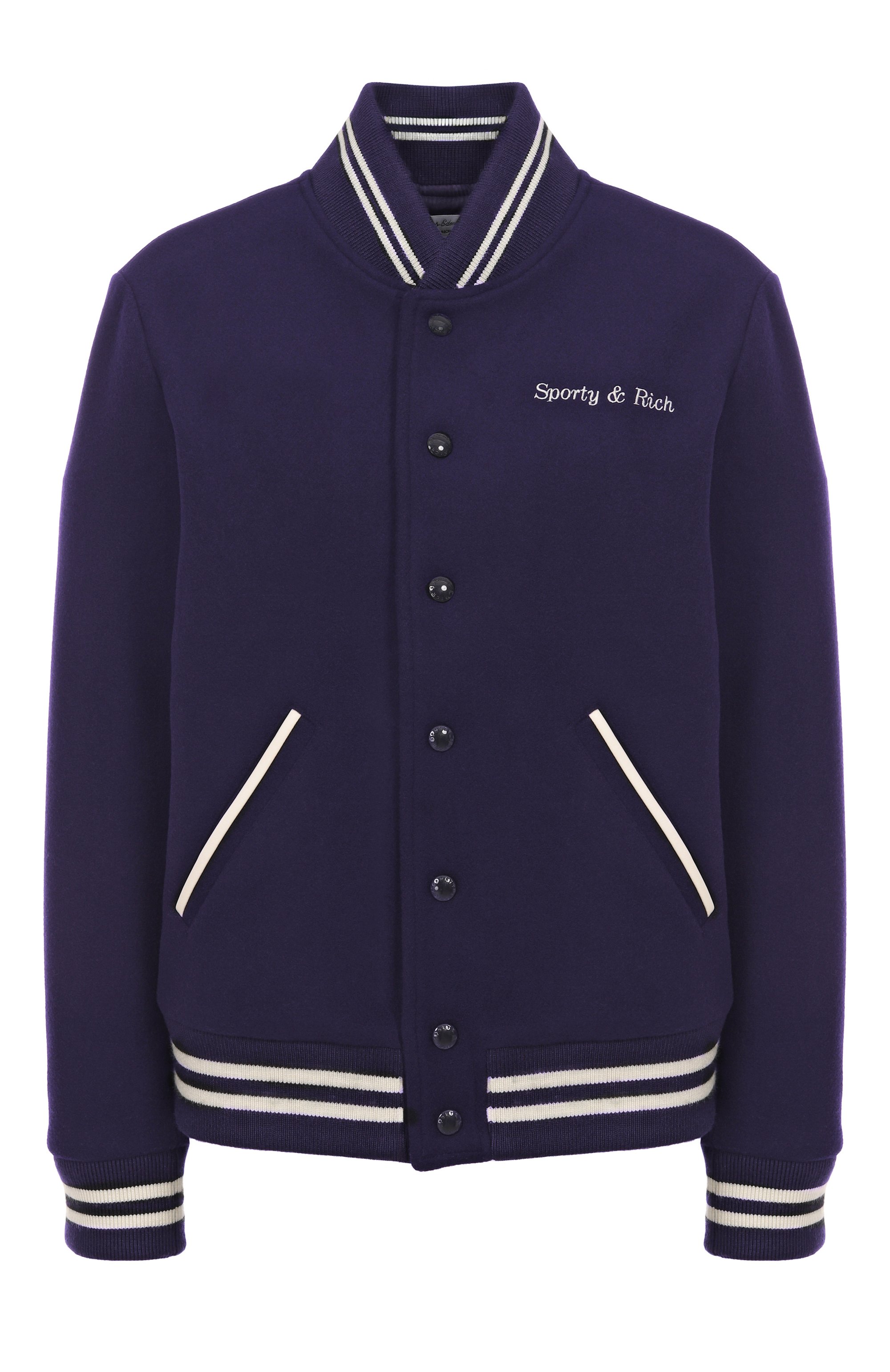 Шерстяной бомбер sporty & rich x hotel du cap-eden-roc SPORTY AND RICH темно-синего цвета по цене 99500 руб., арт. 0W00760666BL106, фото 1 Шерстяной бомбер sporty & rich x hotel du cap-eden-roc SPORTY AND RICH, арт. 0W00760666BL106, фото 1