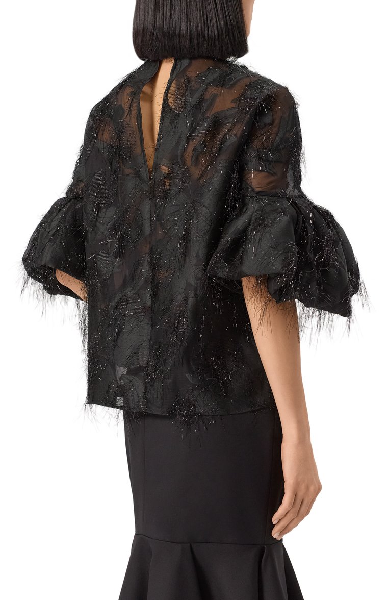 Женская блузка NINA RICCI черного цвета, арт. 25PCT0016/PL0476 | Фото 4 (Рукава: 3/4; Материал внешний: Шелк, Синтетический материал; Длина (для топов): Стандартные; Женское Кросс-КТ: Блуза-одежда; Стили: Романтичный; Принт: С принтом)