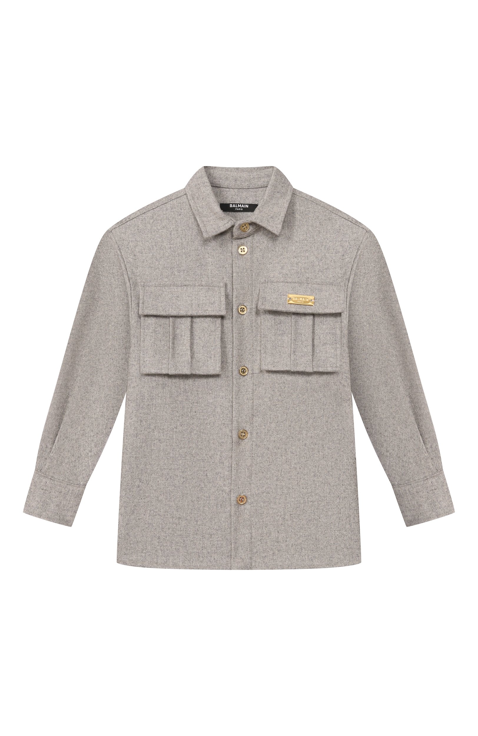 Шерстяная рубашка BALMAIN серого цвета по цене 41350 руб., арт. BZ5H10, фото 1 Шерстяная рубашка BALMAIN, арт. BZ5H10, фото 1