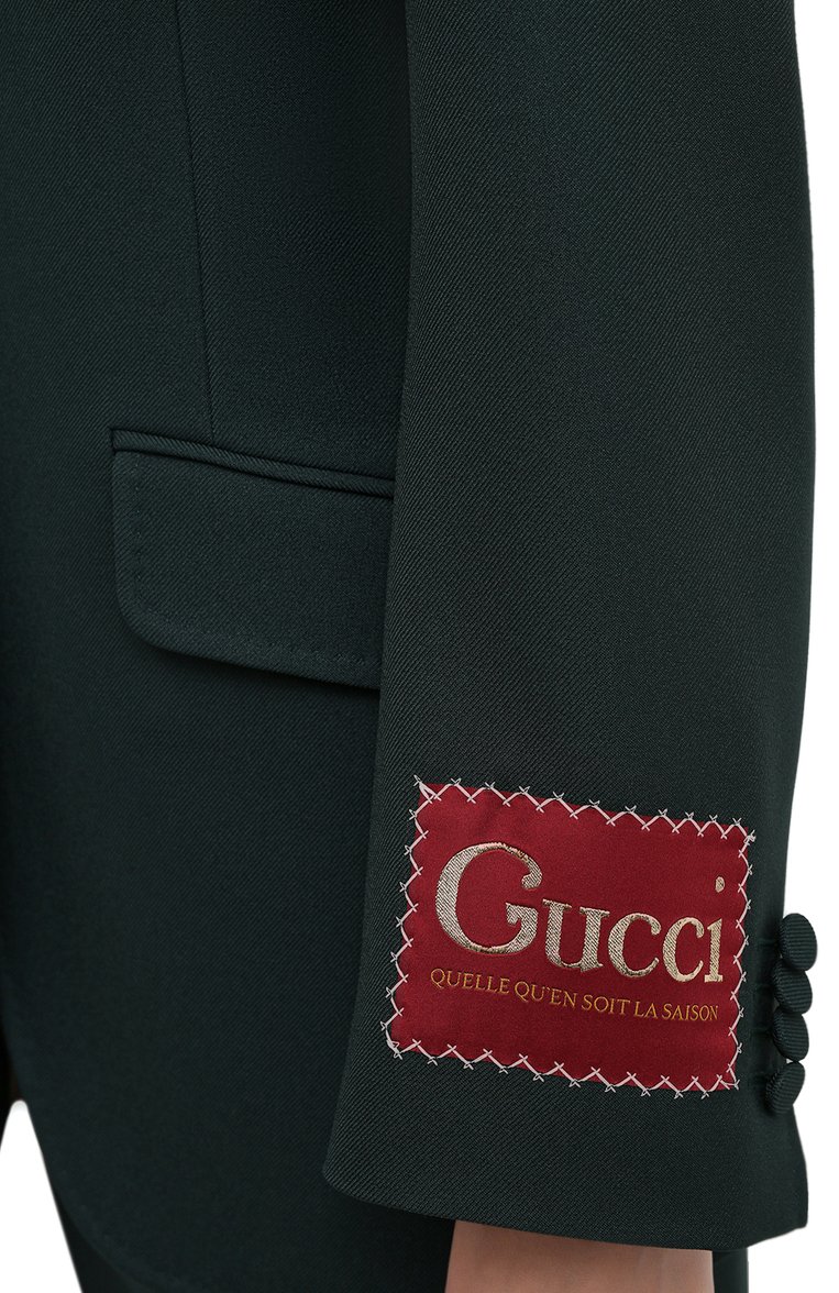 Женский жакет GUCCI зеленого цвета, арт. 619264/Z798C | Фото 5 (Материал подклада: Вискоза; Материал внешний: Синтетический материал; Рукава: Длинные; Длина (для топов): Удлиненные; Случай: Формальный; Женское Кросс-КТ: Жакет-одежда; 1-2-бортные: Однобортные; Стили: Гламурный; Региональные ограничения белый список (Axapta Mercury): RU; Материал сплава: Проставлено; Драгоценные камни: Проставлено)