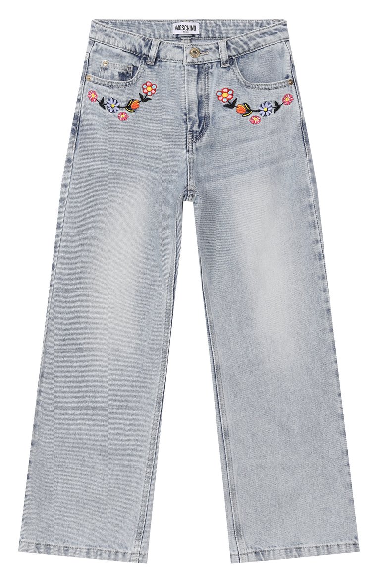 Детские джинсы MOSCHINO светло-голубого цвета, арт. HDP06B/L0E08/10-14 | Фото 1 (Нос: Не проставлено; Материал внешний: Хлопок; Детали: Декор; Автоматизация состава: Проставлено; Ростовка одежда: 10 - 11 лет | 140 - 146см, 12 лет | 152 см, 16 лет | 164 см)