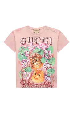 Детский хлопковая футболка GUCCI розового цвета, арт. 581019/XJD2K/9-12M | Фото 1 (Материал сплава: Проставлено; Нос: Не проставлено; Материал внешний: Хлопок; Кросс-КТ НВ: Футболка; Ростовка одежда: 3 мес | 62 см)