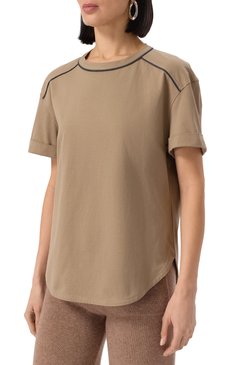 Женский хлопковый топ BRUNELLO CUCINELLI бежевого цвета, арт. M0T81FP330 | Фото 3 (Драгоценные камни: Проставлено; Рукава: Короткие; Длина (для топов): Стандартные; Материал сплава: Проставлено; Стили: Кэжуэл; Материал внешний: Хлопок)