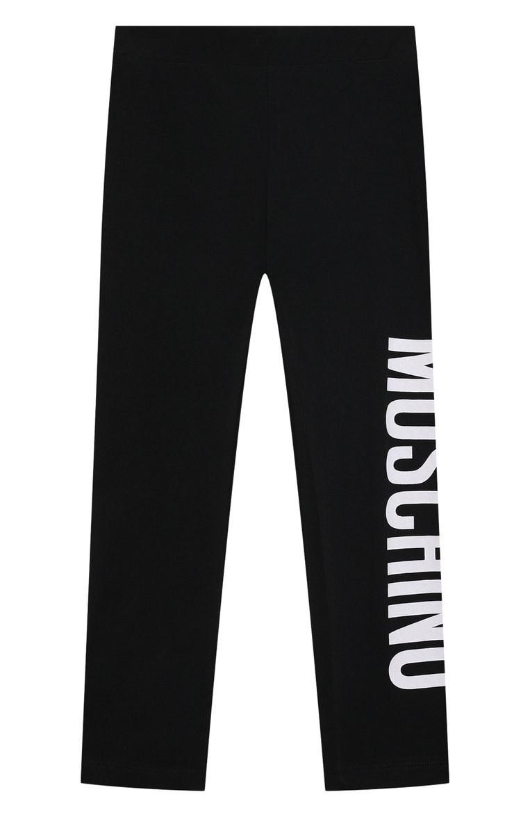 Детские хлопковые леггинсы MOSCHINO черного цвета, арт. HLP03U/LBA00/4A-8A | Фото 1 (Материал внешний: Хлопок; Региональные ограничения белый список (Axapta Mercury): RU; Случай: Повседневный; Девочки Кросс-КТ: Леггинсы-одежда; Нос: Не проставлено; Ростовка одежда: 4 года | 104 см, 5 лет | 110 см, 6 лет | 116 см, 8 лет | 128 см)