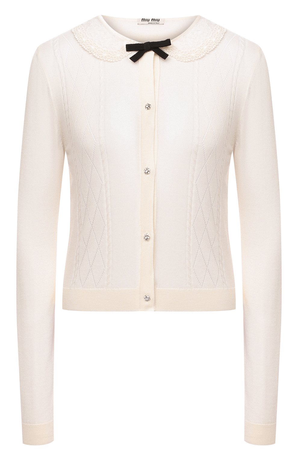 Кардиган из кашемира и шелка MIU MIU белого цвета по цене 94000 руб., арт. MMF202-1V81-F0304, фото 1 Кардиган из кашемира и шелка MIU MIU, арт. MMF202-1V81-F0304, фото 1