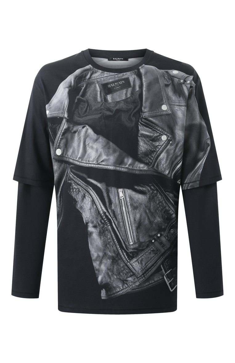 Мужская хлопковый лонгслив BALMAIN темно-серого цвета, арт. EH1EM016/GE40 | Фото 1 (Рукава: 3/4, Длинные; Драгоценные камни: Проставлено; Материал сплава: Проставлено; Длина (для топов): Удлиненные; Принт: С принтом; Стили: Спорт-шик; Материал внешний: Хлопок; Кросс-КТ: Джерси; Мужское Кросс-КТ: Футболка-одежда)