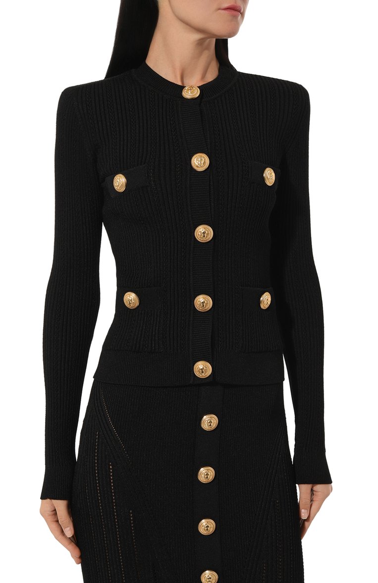 Женский кардиган из вискозы BALMAIN черного цвета, арт. AF1KL005KB39 | Фото 3 (Длина (для топов): Стандартные; Рукава: Длинные; Материал внешний: Вискоза; Стили: Гламурный; Женское Кросс-КТ: кардиган-трикотаж; Застежка: Пуговицы)