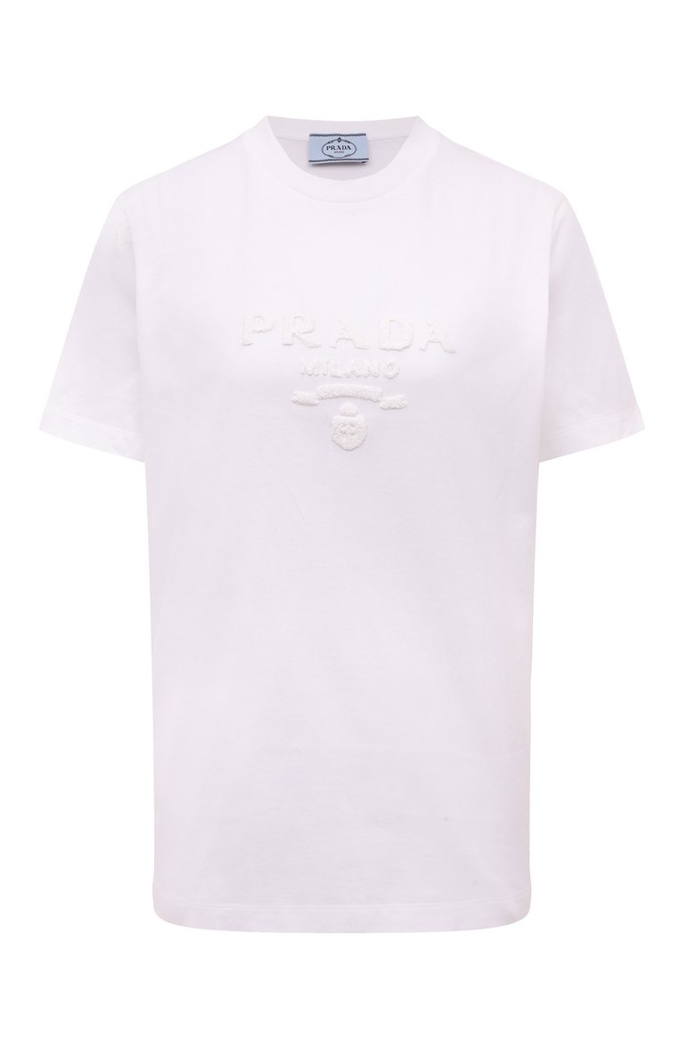 Женская хлопковая футболка PRADA белого цвета, арт. 35838R-10IN-F0009-162 | Фото 1 (Материал внешний: Хлопок; Длина (для топов): Стандартные; Рукава: Короткие; Принт: Без принта; Стили: Кэжуэл; Региональные ограничения белый список (Axapta Mercury): Не проставлено; Автоматизация состава: Проставлено; Автоматизация ТО: Прос�тавлено)