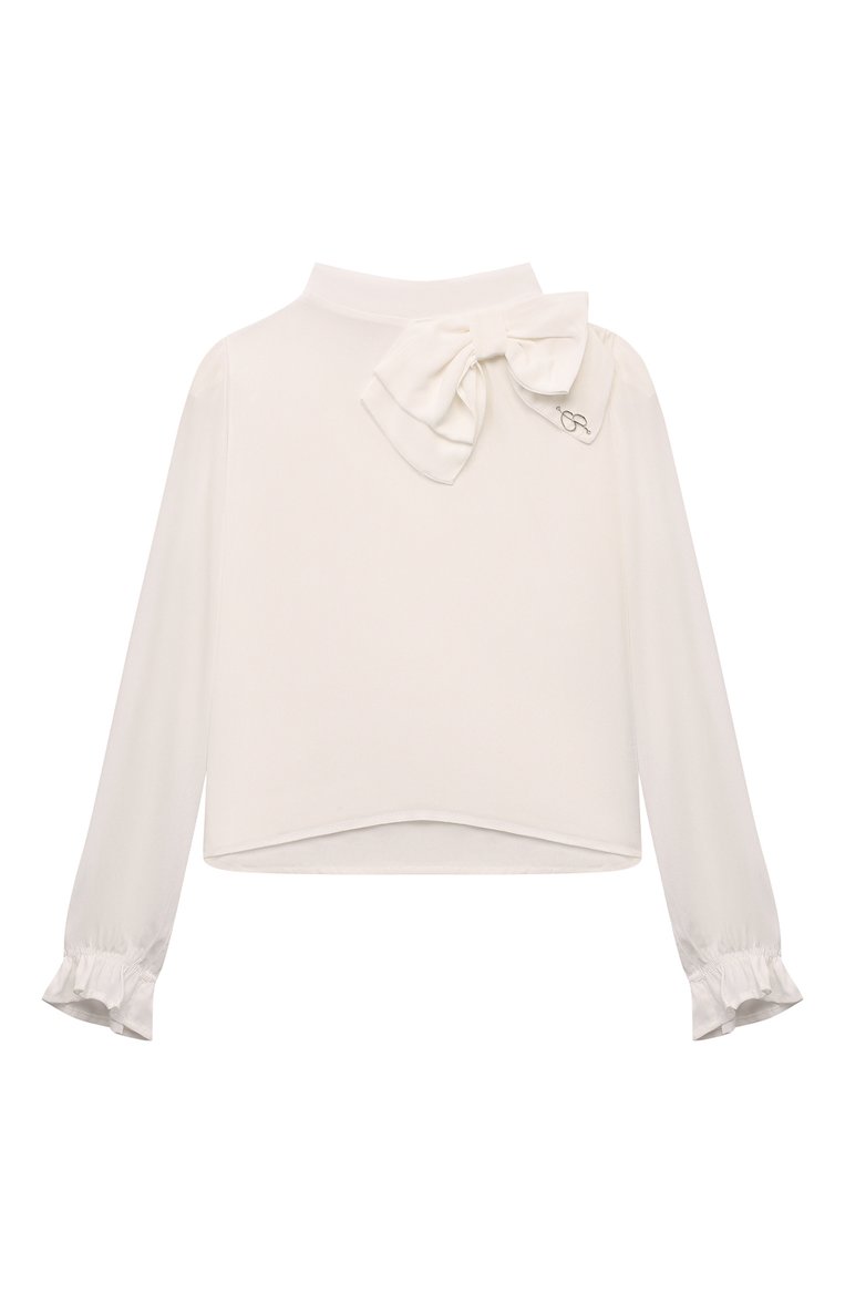 Детское блузка из вискозы BLUMARINE молочного цвета, арт. IF4112/T3976 | Фото 1 (Рукава: Длинные; Материал подклада: Вискоза; Материал внешний: Вискоза; Стили: Классический; Девочки-школьная форма: Блузки; Автоматизация состава: Проставлено; Автоматизация ТО: Проставлено; Ростовка одежда: 8 лет | 128 см, 16 лет | 164 см, 12 лет | 152 см, 6 лет | 116 см, 10 - 11 лет | 140 - 146см)