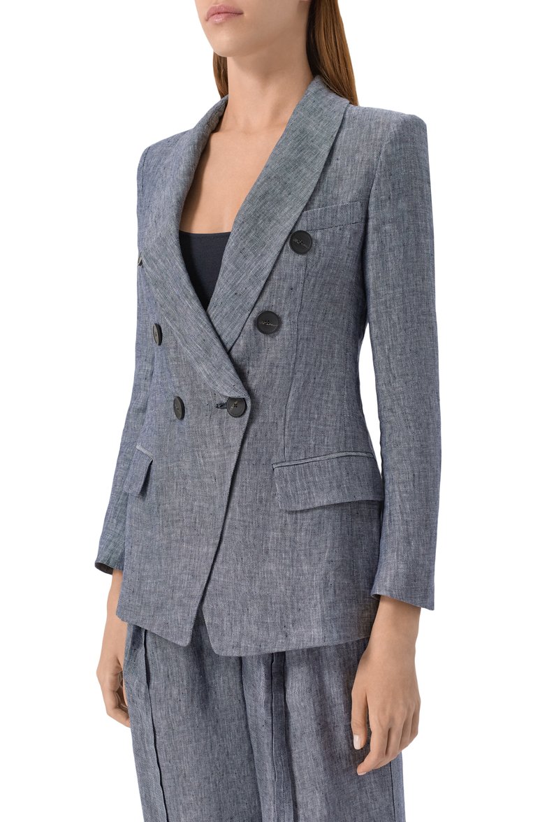Женский льняной жакет EMPORIO ARMANI синего цвета, арт. EW001558/TE10381 | Фото 3 (Длина (для топов): Стандартные; Рукава: Длинные; Материал внешний: Лен; Женское Кросс-КТ: Жакет-одежда; Кросс-КТ: костюм; 1-2-бортные: Двубортные; Стили: Классический)