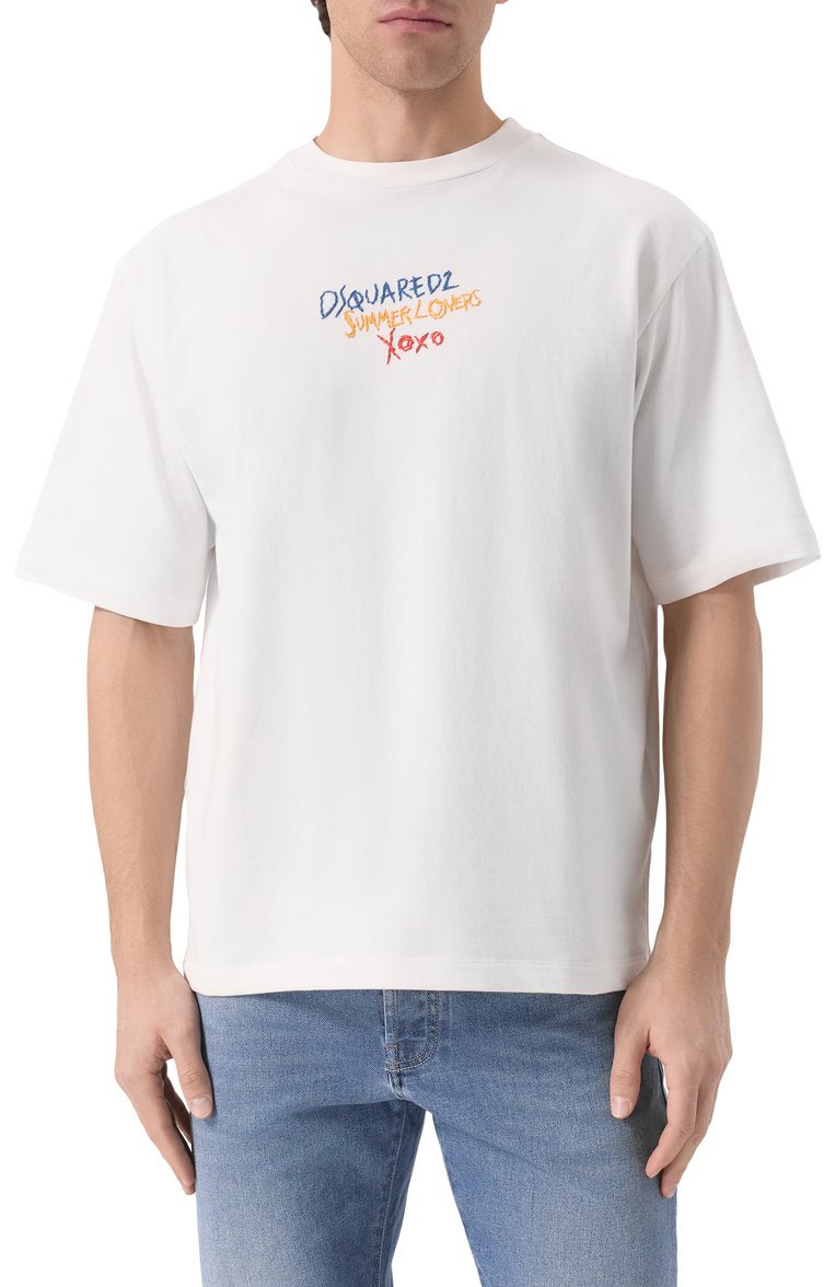 Мужская хлопковая футболка DSQUARED2 белого цвета, арт. S78GD0097/S24583 | Фото 3 (Длина (для топов): Стандартные; Рукава: Короткие; Материал внешний: Хлопок; Мужское Кросс-КТ: Футболка-одежда; Принт: С принтом; Стили: Спорт-шик; Автоматизация состава: Проставлено; Детали: Без декора; Автоматизация ТО: Проставлено)