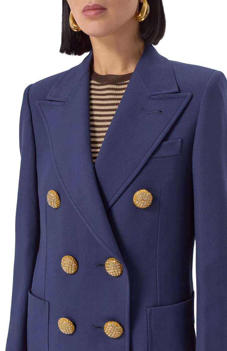 Женский шерстяной жакет VALENTINO синего цвета, арт. 6B3CE40090T | Фото 5 (Длина (для топов): Стандартные; Материал внешний: Шерсть; Рукава: Длинные; Женское Кросс-КТ: Жакет-одежда; 1-2-бортные: Двубортные; Кросс-КТ: костюм; Стили: Классический; Автоматизация состава: Проставлено; Автоматизация ТО: Проставлено)