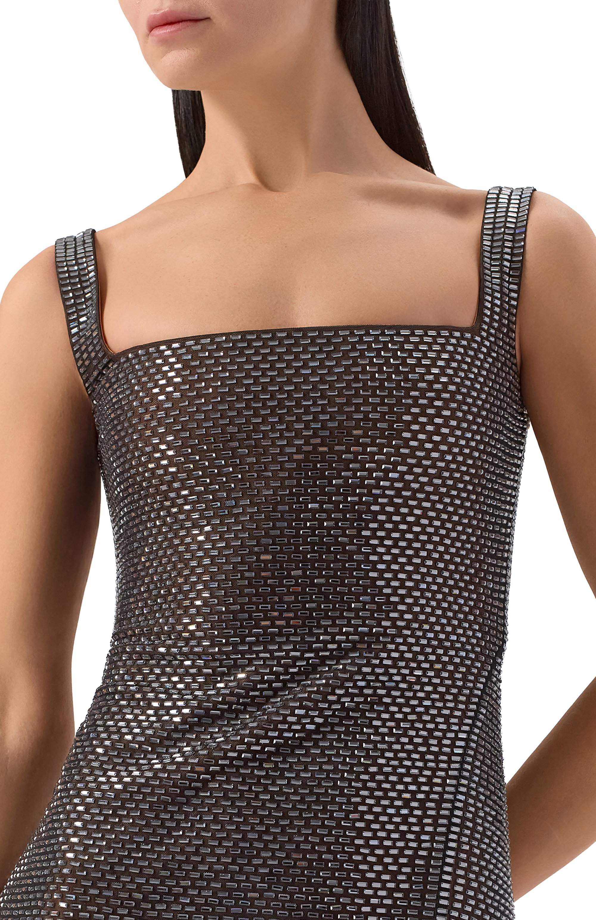 Платье с отделкой стразами SELF-PORTRAIT темно-серого цвета по цене 94900 руб., арт. RS26051SBGR, фото 4 Платье с отделкой стразами SELF-PORTRAIT, арт. RS26051SBGR, фото 4