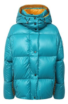 Женский пуховик MONCLER бирюзового цвета, арт. F2-093-1A51N-00-C0067 | Фото 1 (Кросс-КТ: Куртка, Пуховик; Рукава: Длинные; Женское Кросс-КТ: Пуховик-куртка; Материал внешний: Синтетический материал; Материал сплава: Проставлено; Стили: Спорт-шик; Материал подклада: Синтетический материал; Драгоценные камни: Проставлено; Длина (верхняя одежда): Короткие; Материал утеплителя: Пух и перо)