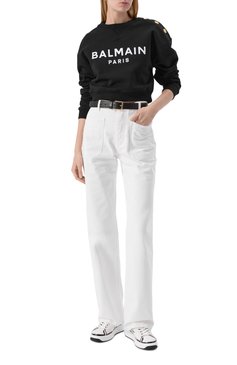 Женский хлопковый свитшот BALMAIN черного цвета, арт. EF1JQ002/BB02 | Фото 2 (Драгоценные камни: Проставлено; Рукава: Длинные; Материал сплава: Проставлено; Длина (для топов): Укороченные; Женское Кросс-КТ: Свитшот-одежда; Стили: Кэжуэл; Материал внешний: Хлопок)