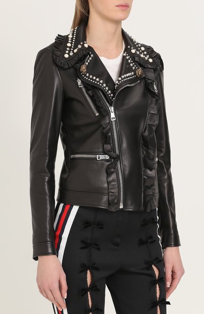 Кожаная куртка с косой молнией и декоративной отделкой GUCCI, арт. 458189/XN621, фото 3
