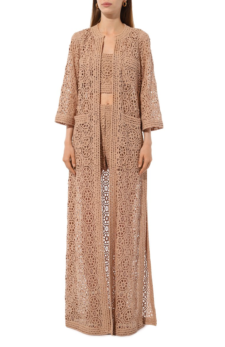 Женская хлопковая накидка ELIE SAAB бежевого цвета, арт. J0040N | Фото 3 (Материал внешний: Хлопок; Длина (верхняя одежда): Длинные; Стили: Этно; Кросс-КТ: Куртка)
