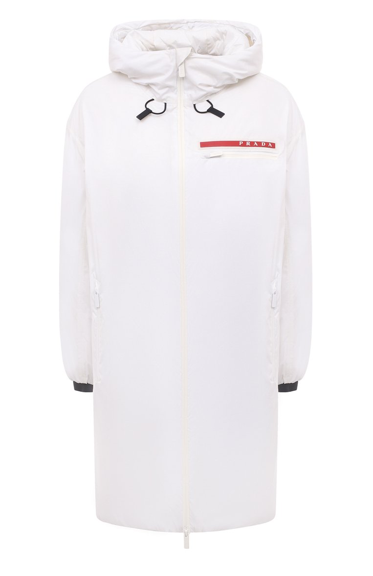 Женская куртка PRADA белого цвета, арт. 291855-1XYW-F027K-202 | Фото 1 (Рукава: Длинные; Длина (верхняя одежда): До колена; Материал внешний: Синтетический материал; Кросс-КТ: Ветровки, Куртка; Стили: Кэжуэл)
